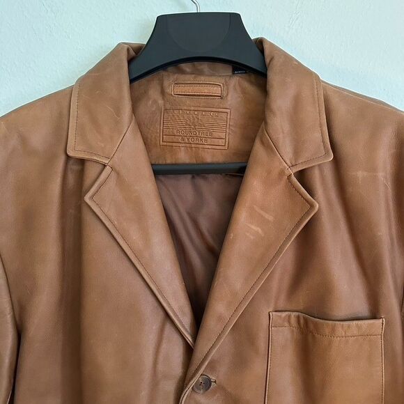 Roundtree & Yorke Mens XL Brown Genuine Leather Blazer Jacket Vintage Workwear - Picture 2 of 16